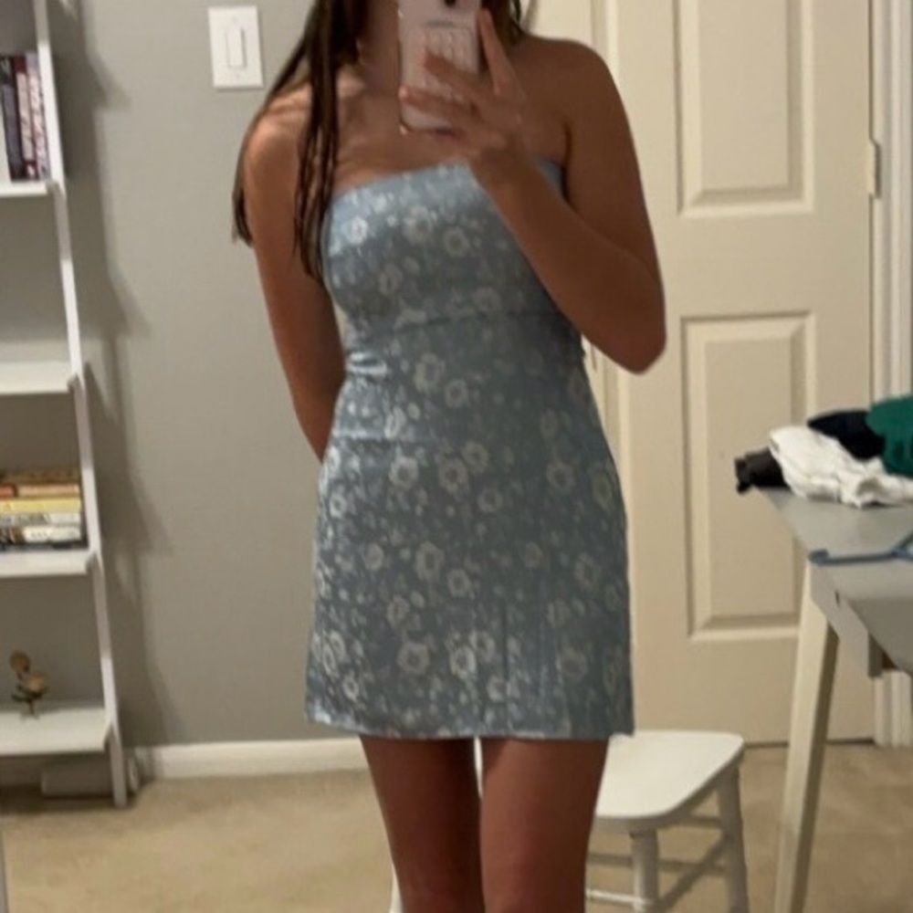 Floral Blue Strapless Dress